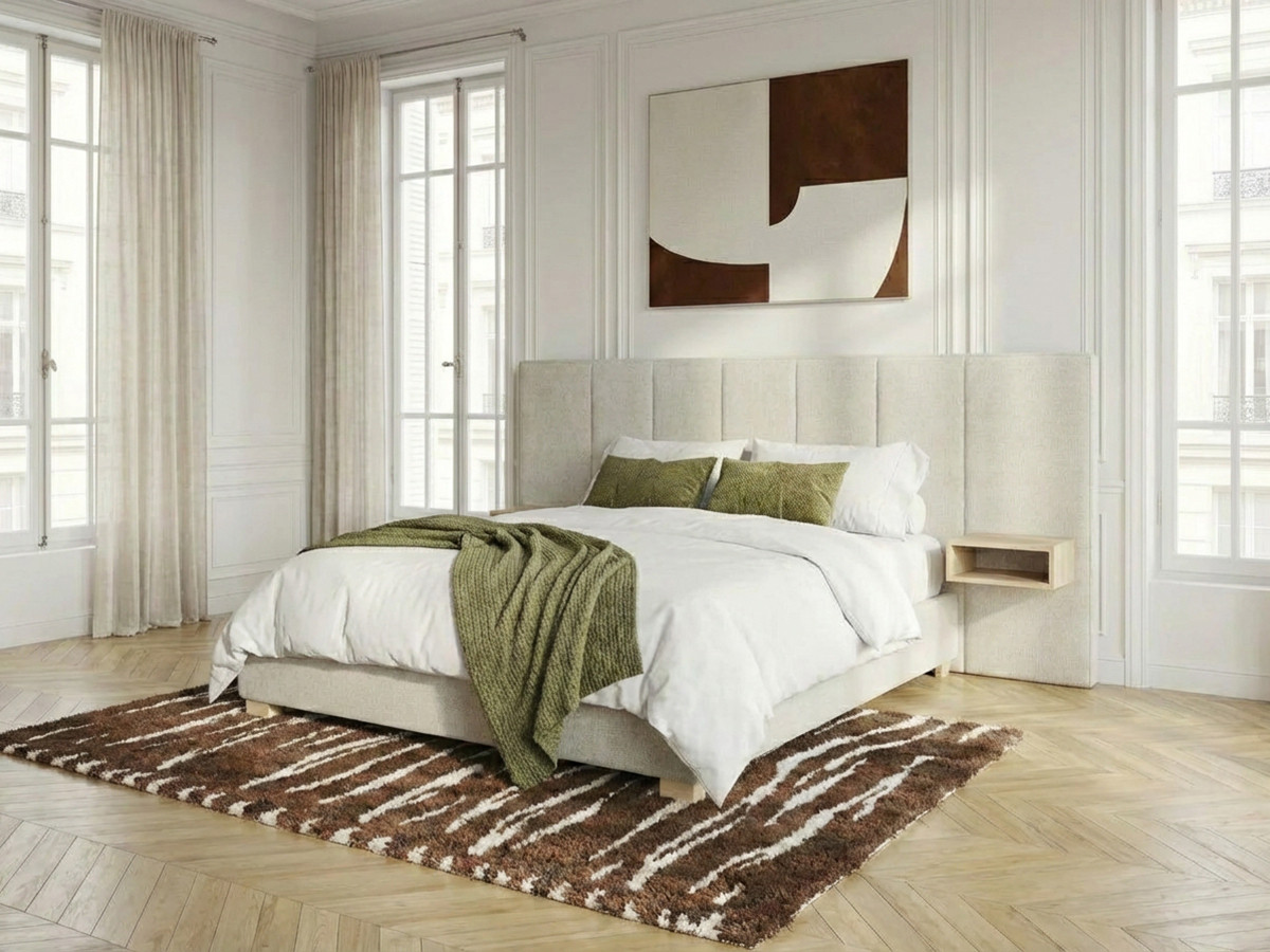 Lit coffre ALOE avec tête de lit capitonnée chevets et LED intégrées beige — vue 4