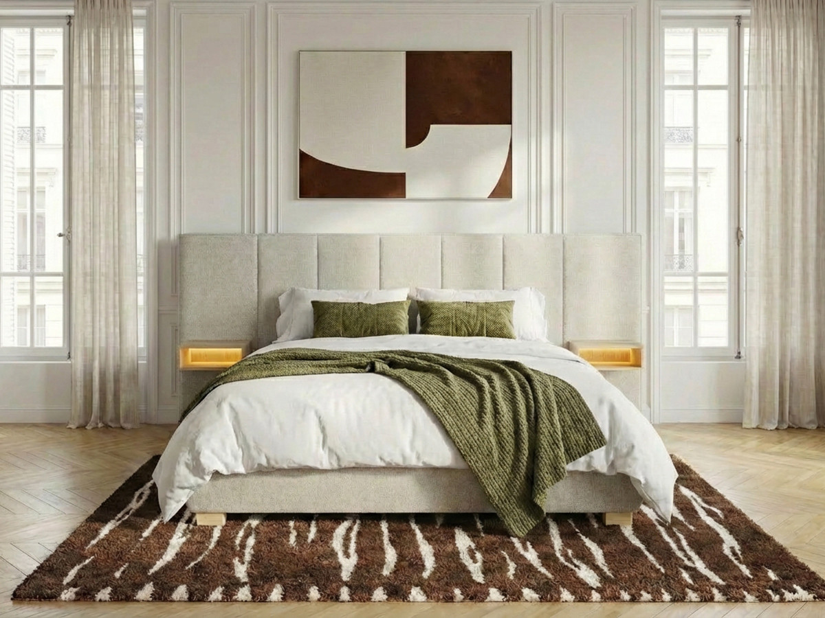 ALOE opbergbed met gestoffeerd hoofdbord, nachtkastjes en geďntegreerde led-verlichting