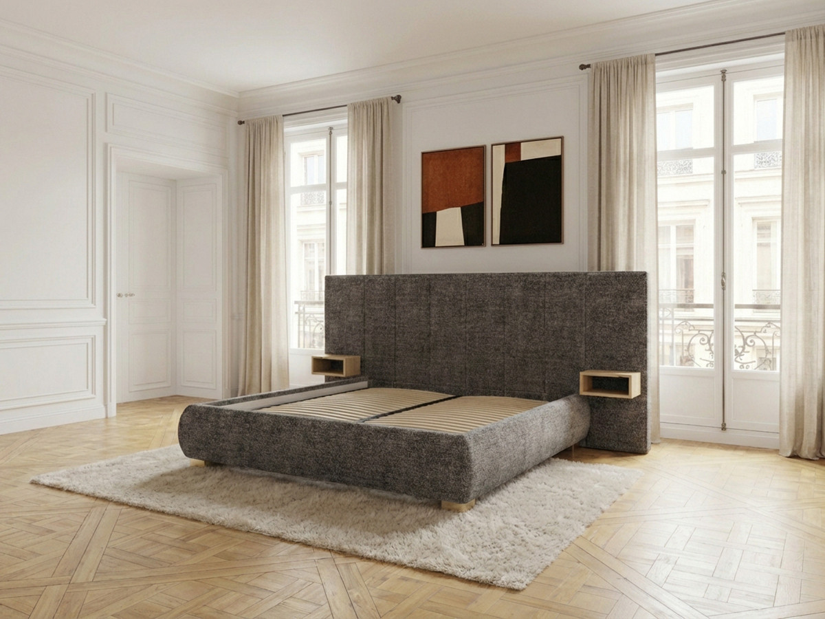 ALOE opbergbed met gestoffeerd hoofdbord, nachtkastjes en geďntegreerde led-verlichting