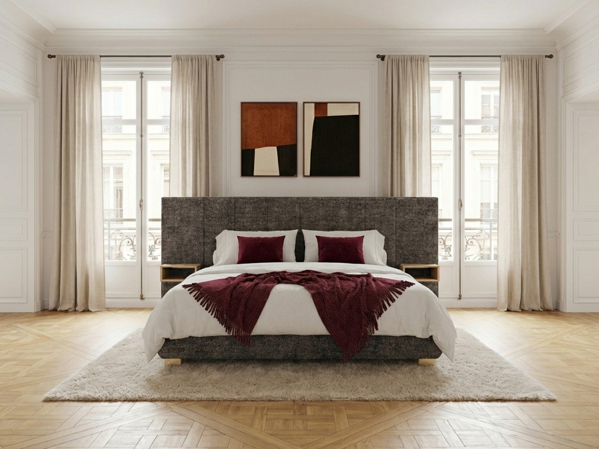 Lit coffre ALOE avec tête de lit capitonnée chevets et LED intégrées gris — vue 6