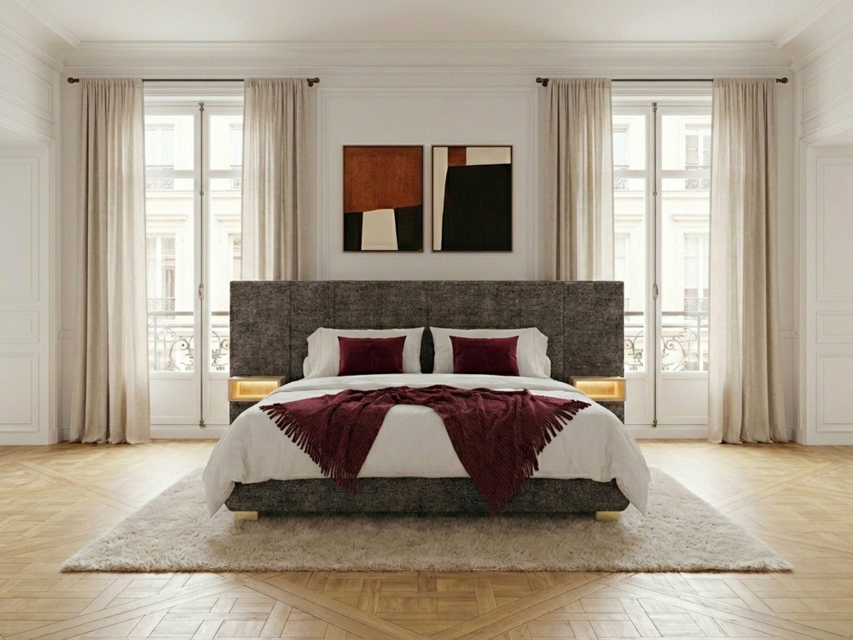 ALOE opbergbed met gestoffeerd hoofdbord, nachtkastjes en geďntegreerde led-verlichting