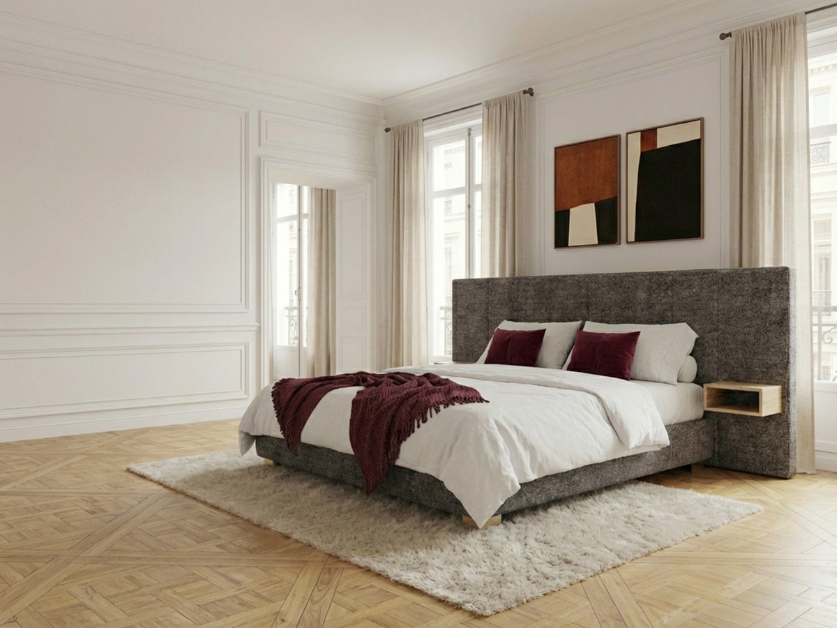 Lit coffre ALOE avec tête de lit capitonnée chevets et LED intégrées gris — vue 4