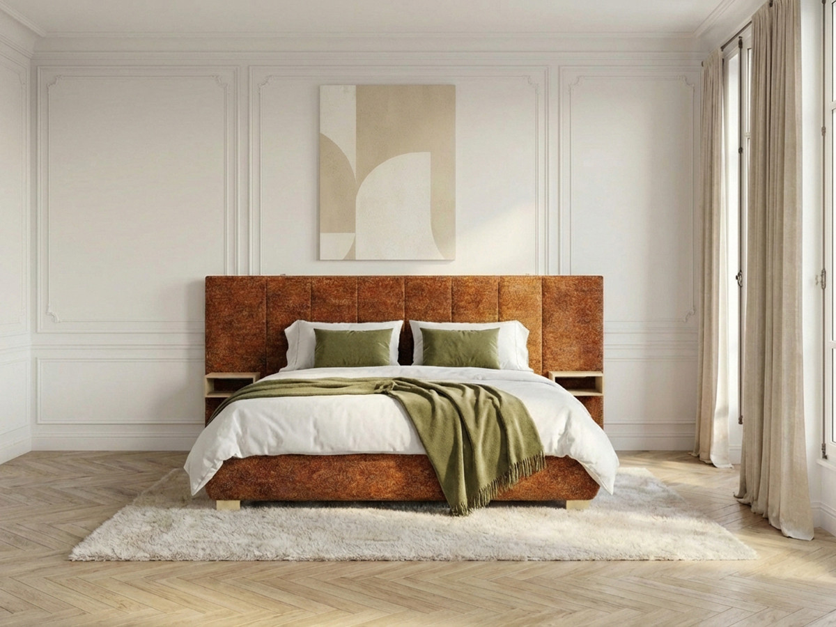 Lit coffre ALOE avec tête de lit capitonnée chevets et LED intégrées orange — vue 6