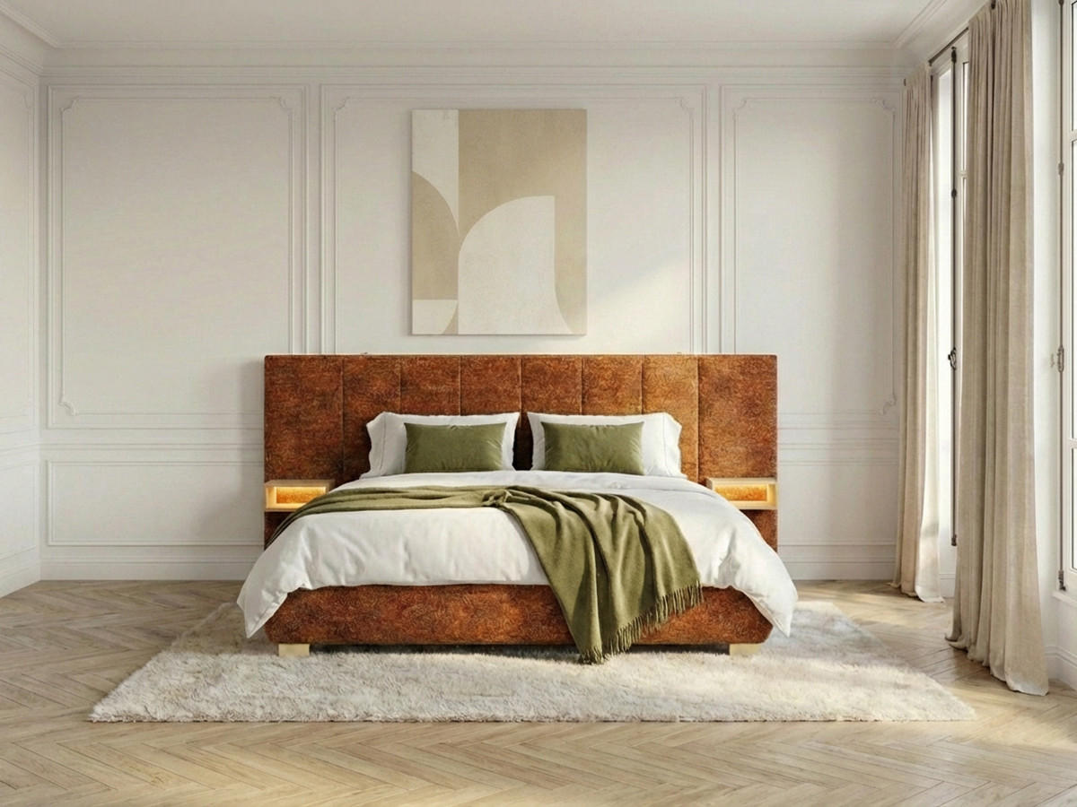 ALOE opbergbed met gestoffeerd hoofdbord, nachtkastjes en geďntegreerde led-verlichting