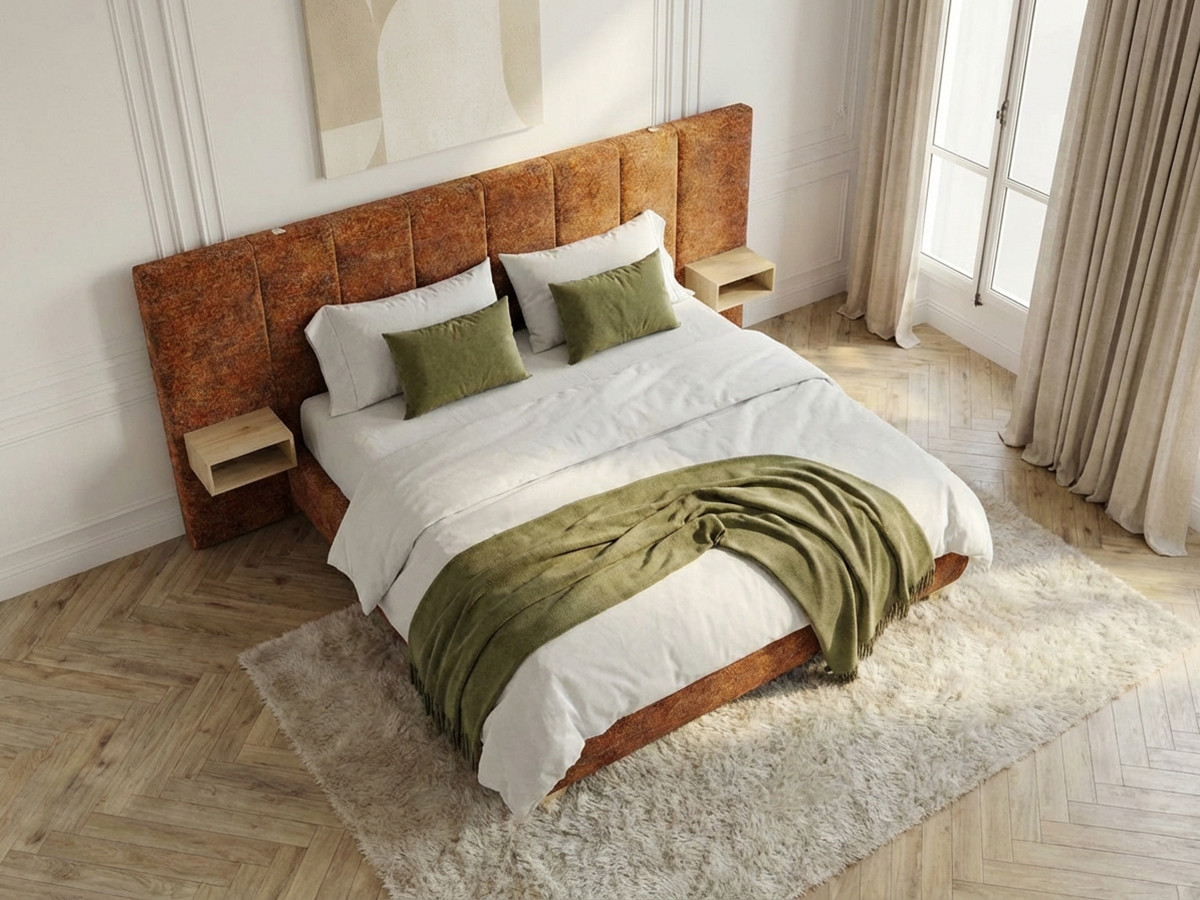 ALOE opbergbed met gestoffeerd hoofdbord, nachtkastjes en geďntegreerde led-verlichting