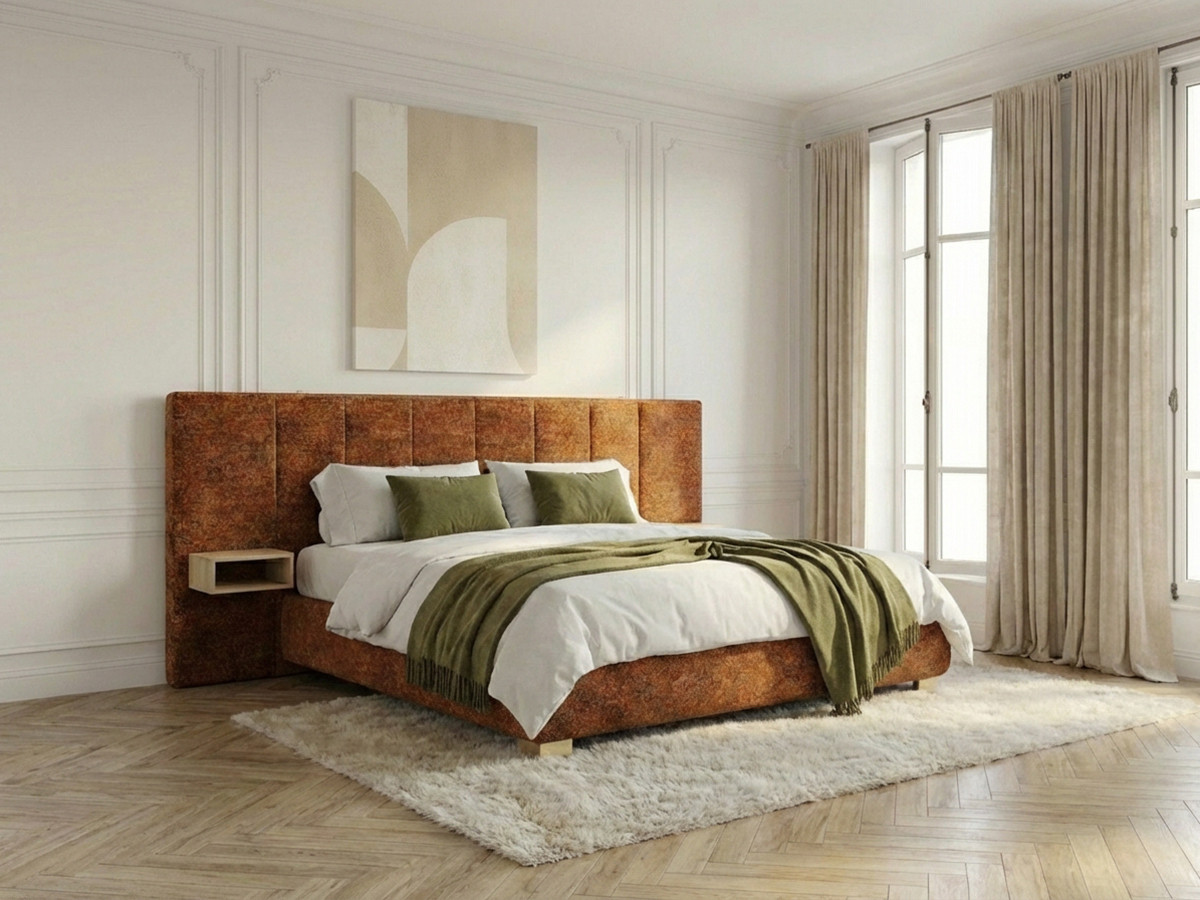 Lit coffre ALOE avec tête de lit capitonnée chevets et LED intégrées orange — vue 4