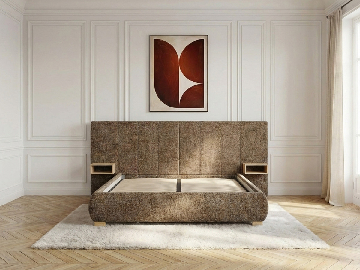 ALOE opbergbed met gestoffeerd hoofdbord, nachtkastjes en geďntegreerde led-verlichting