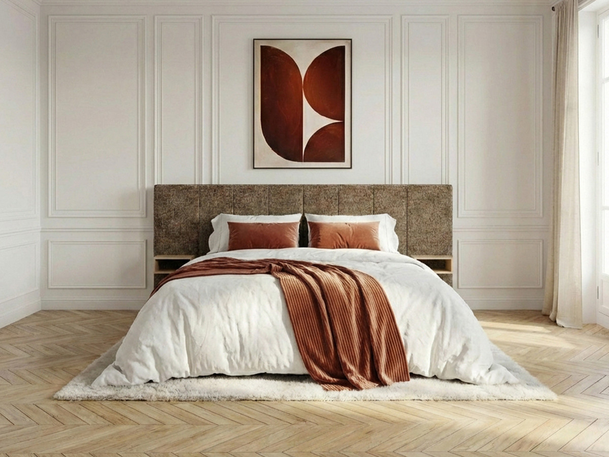 Lit coffre ALOE avec tête de lit capitonnée chevets et LED intégrées marron — vue 6