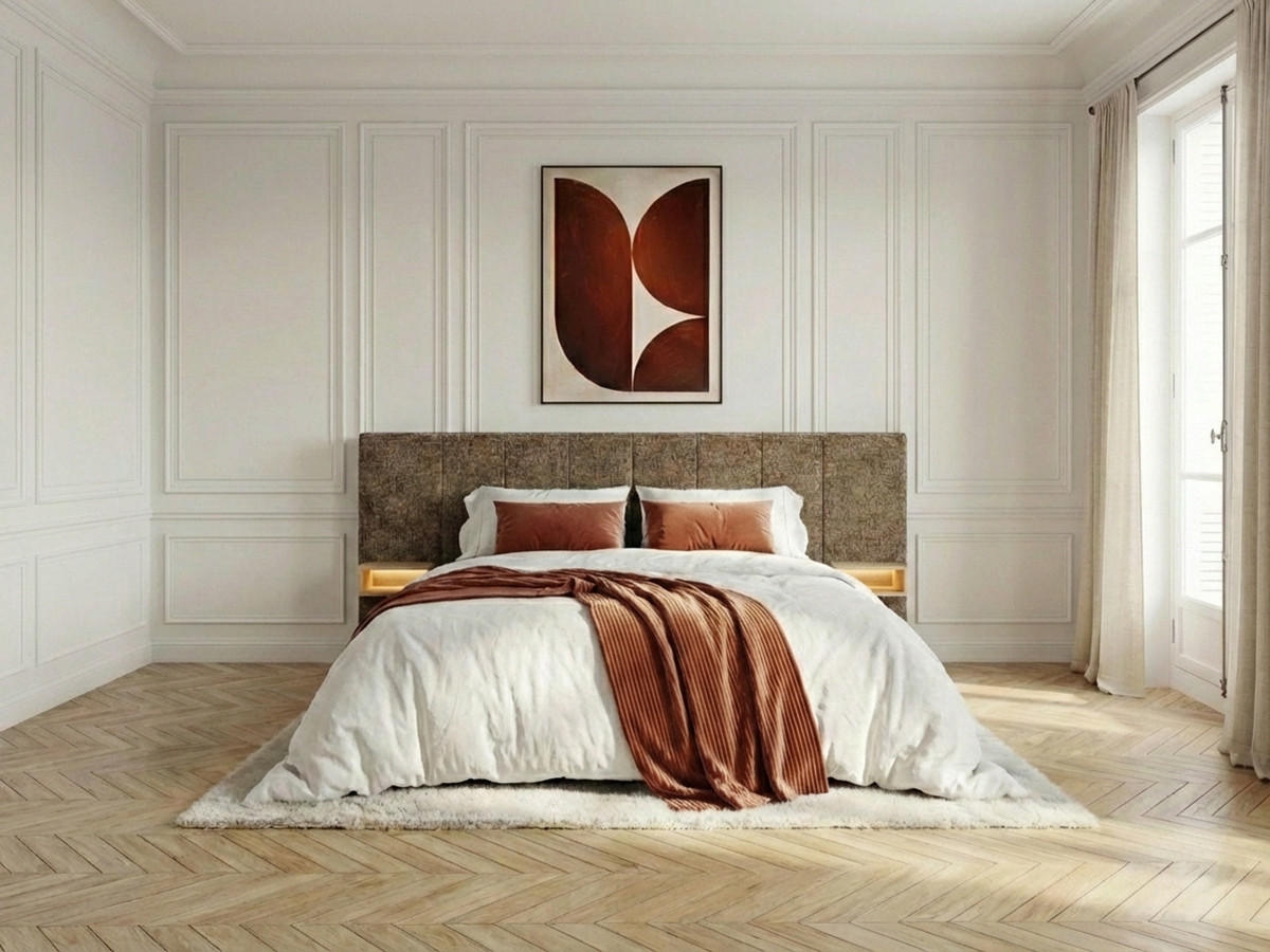 Lit coffre ALOE avec tête de lit capitonnée chevets et LED intégrées marron