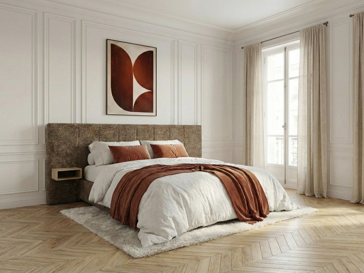 Lit coffre ALOE avec tête de lit capitonnée chevets et LED intégrées marron — vue 4