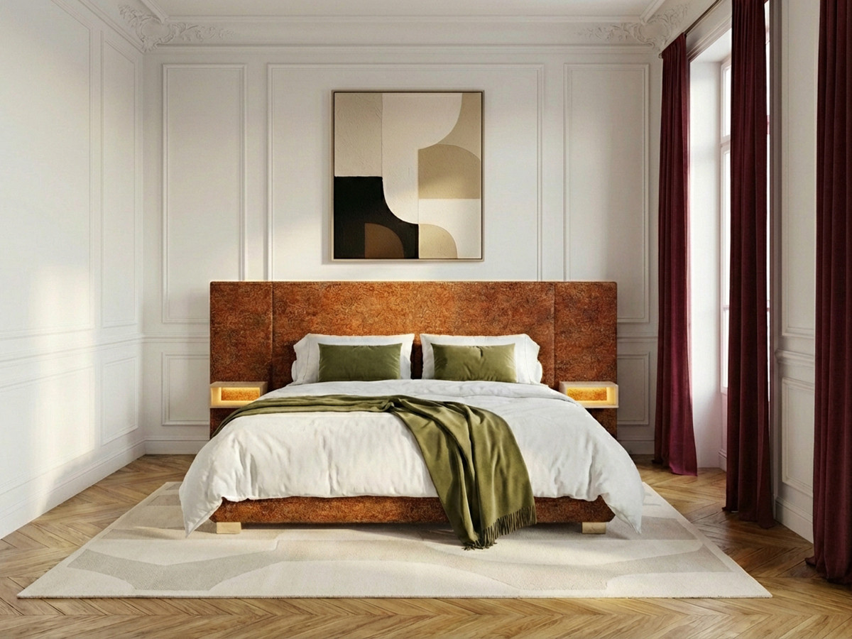 Lit coffre ALOE avec chevets et LED intégrées orange