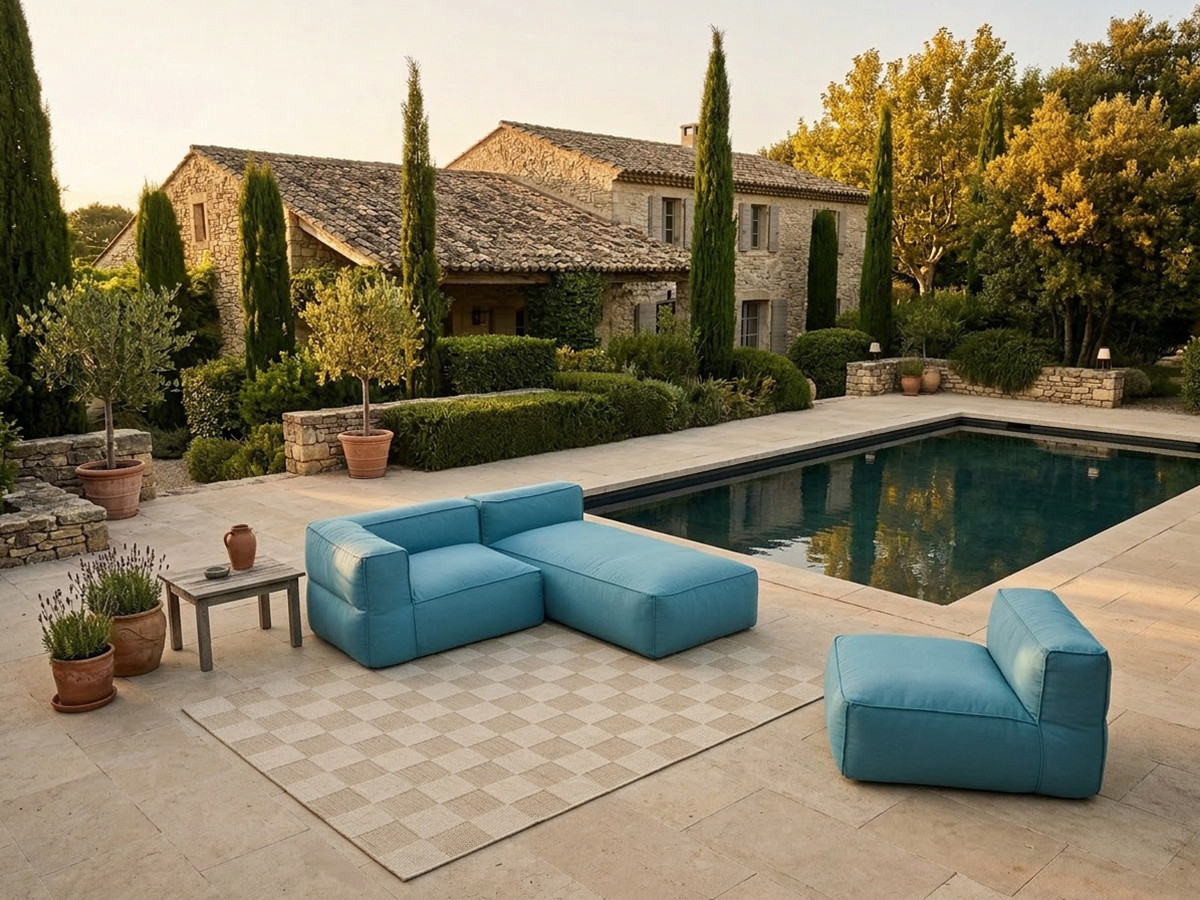 Canapé de jardin modulable GIULIA avec bâche de protection, 1 chauffeuse 1 place, 1 angle et 1 méridienne