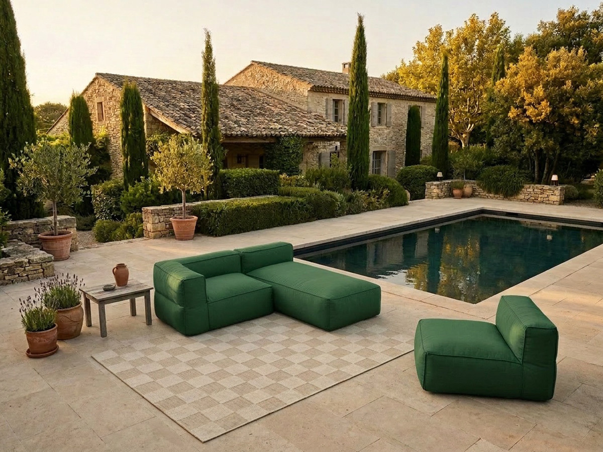 Canapé de jardin modulable GIULIA avec bâche de protection, 1 chauffeuse 1 place, 1 angle et 1 méridienne