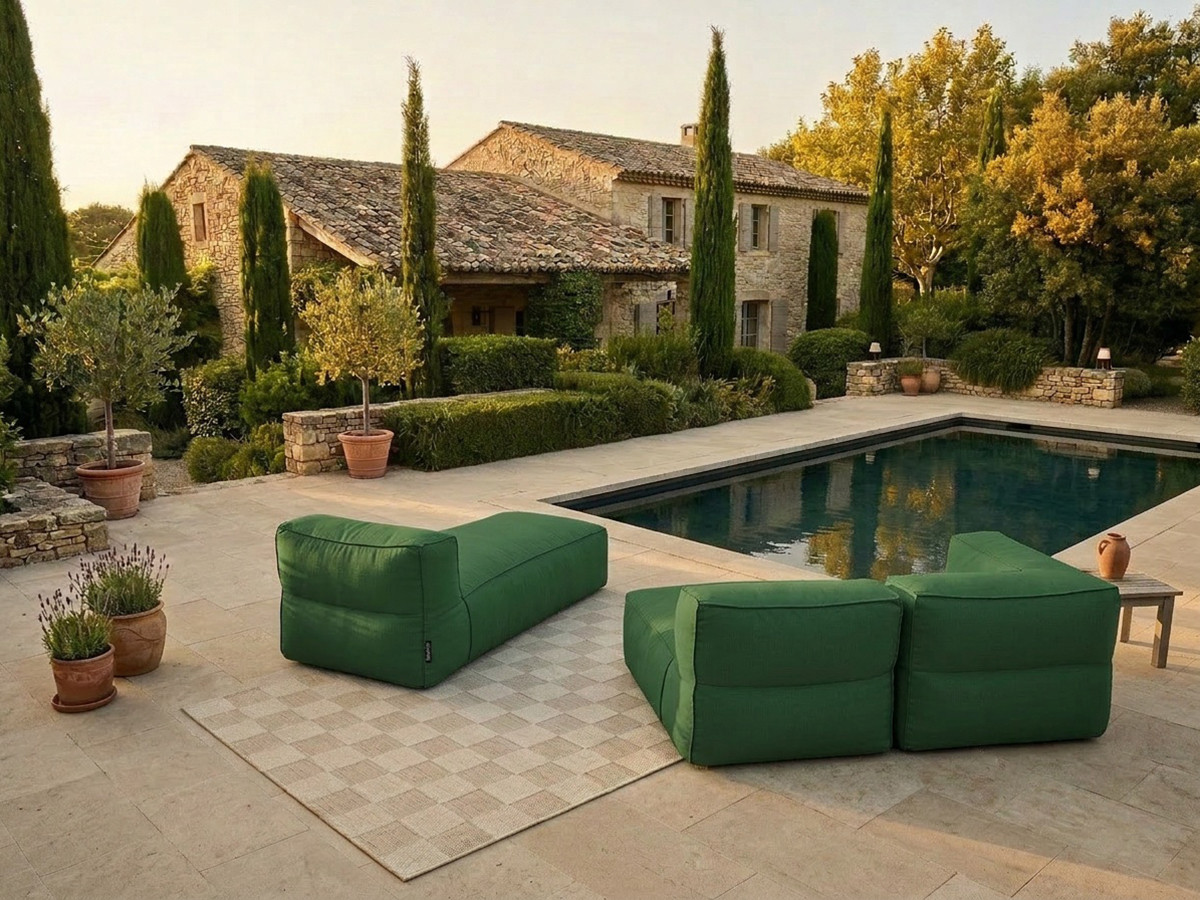 Canapé de jardin modulable GIULIA avec bâche de protection, 1 chauffeuse 1 place, 1 angle et 1 méridienne