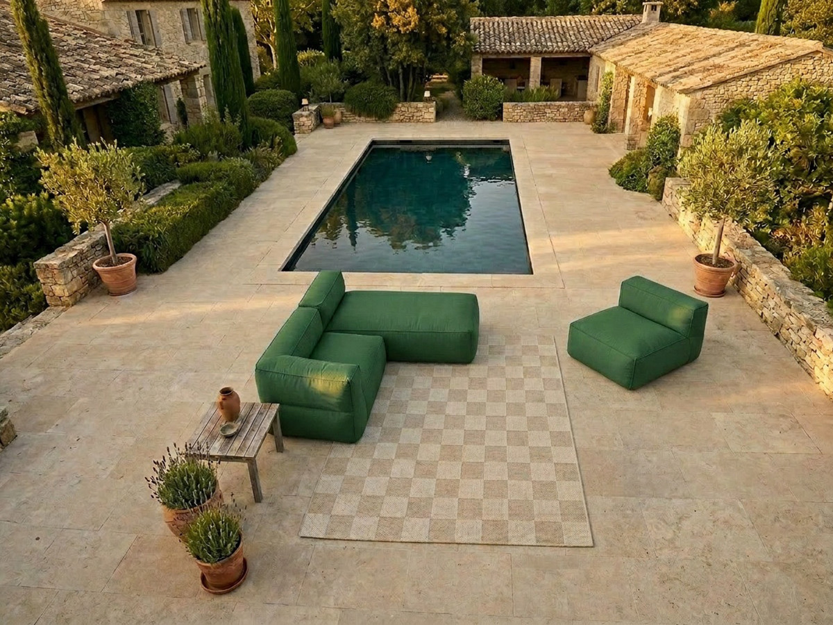 Canapé de jardin modulable GIULIA avec bâche de protection, 1 chauffeuse 1 place, 1 angle et 1 méridienne