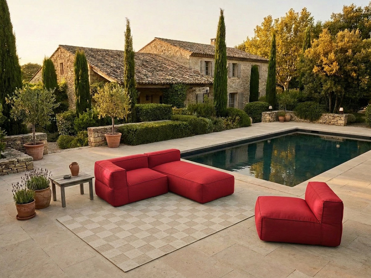 Modulaire tuinbank GIULIA met beschermhoes, 1 eenpersoonsfauteuil, 1 hoekbank en 1 chaise longue