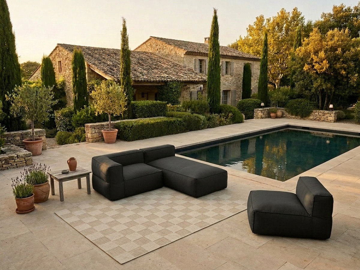 Canapé de jardin modulable GIULIA avec bâche de protection, 1 chauffeuse 1 place, 1 angle et 1 méridienne