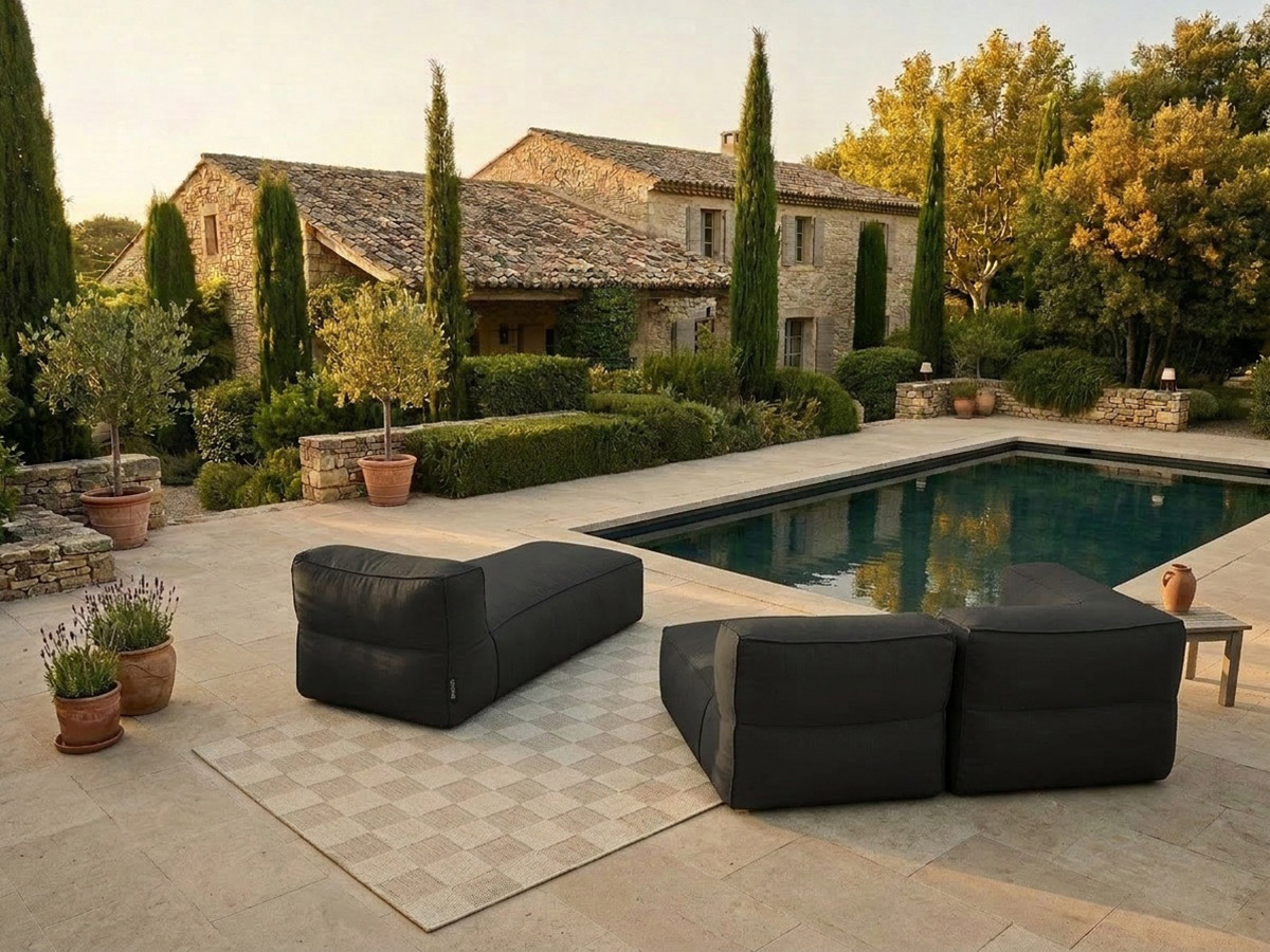 Canapé de jardin modulable GIULIA avec bâche de protection, 1 chauffeuse 1 place, 1 angle et 1 méridienne