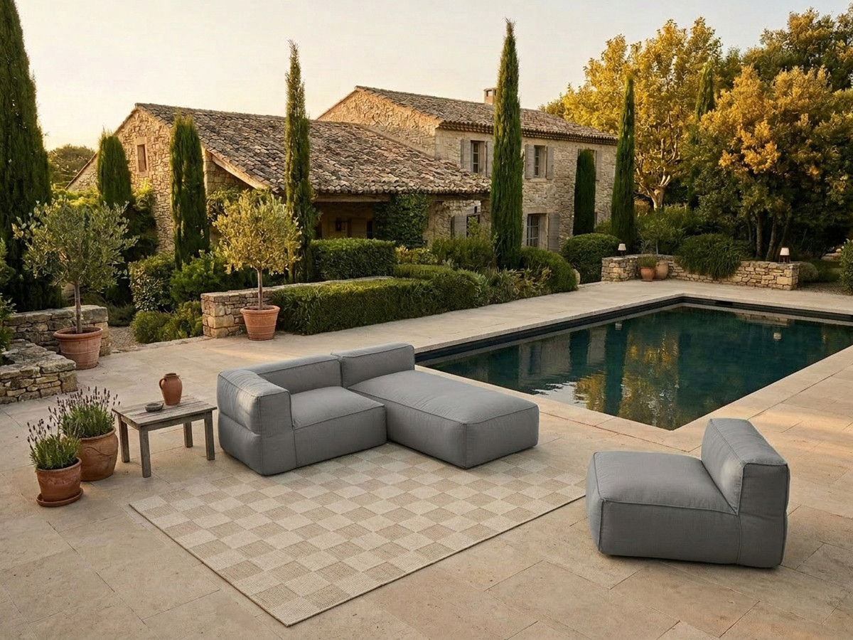 Canapé de jardin modulable GIULIA avec bâche de protection, 1 chauffeuse 1 place, 1 angle et 1 méridienne