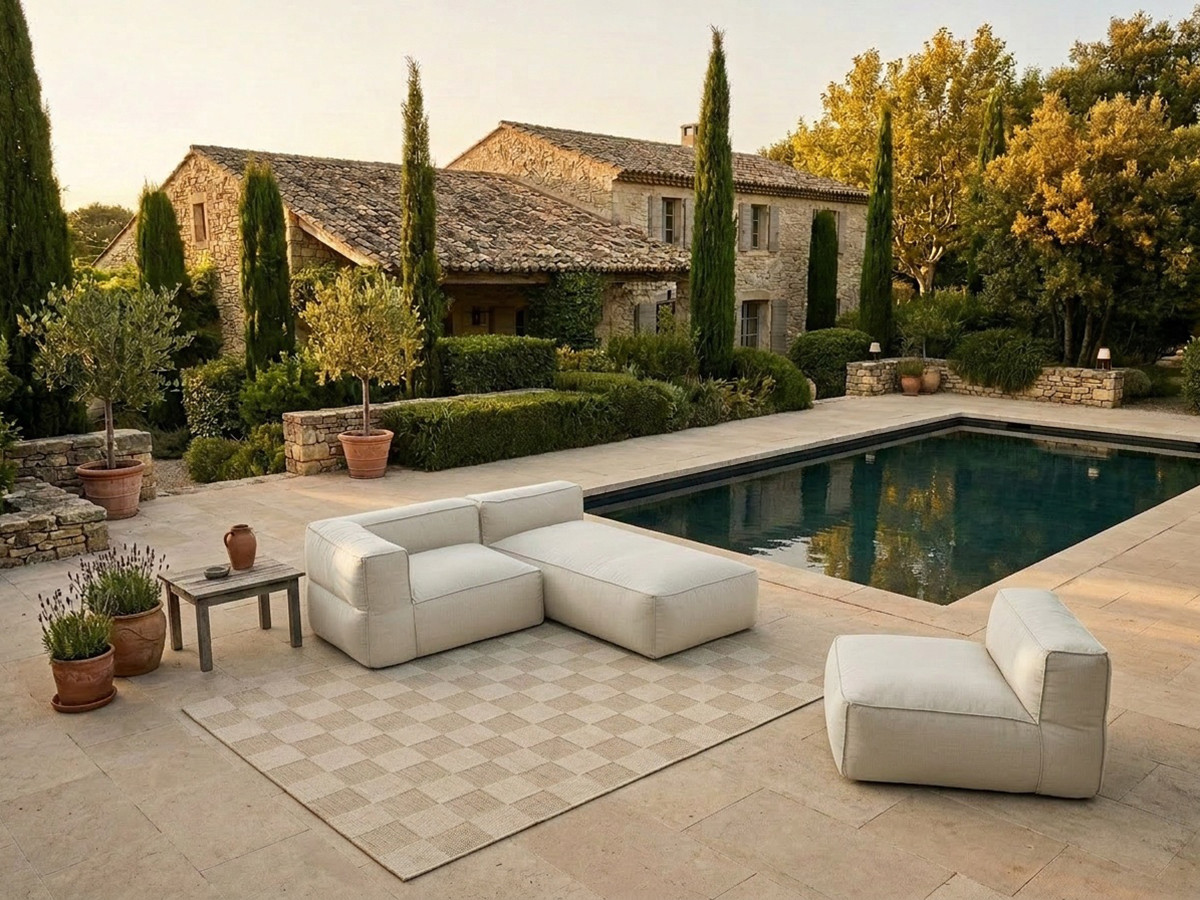 Canapé de jardin modulable GIULIA avec bâche de protection, 1 chauffeuse 1 place, 1 angle et 1 méridienne