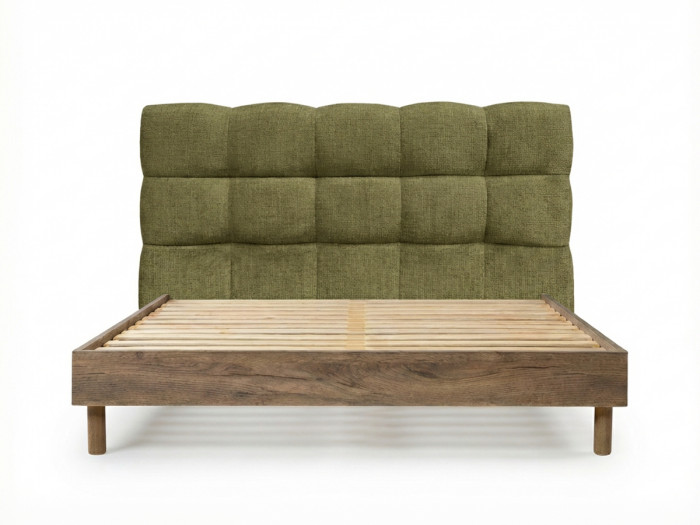 Lit KUMO tissu texturé lattes massives pieds en bois naturel + Bout de lit KUMO tissu texturé