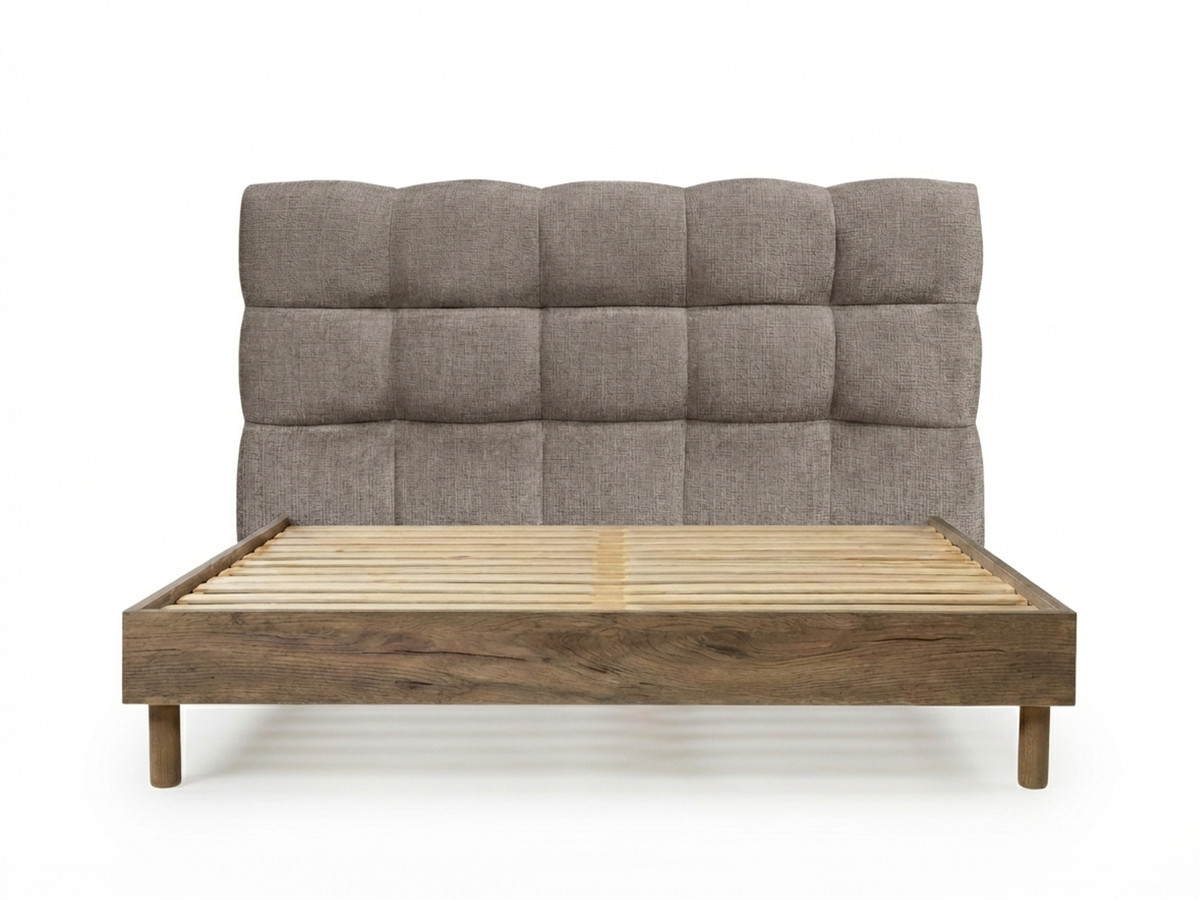 lit kumo tissu texturé lattes massives pieds en bois naturel + bout de lit kumo tissu texturé de couleur taupe