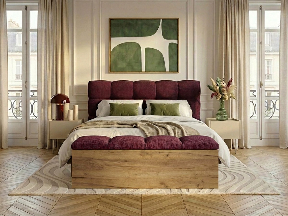 Lit KUMO texturé lattes massives pieds en bois naturel + Bout de lit KUMO texturé rouge