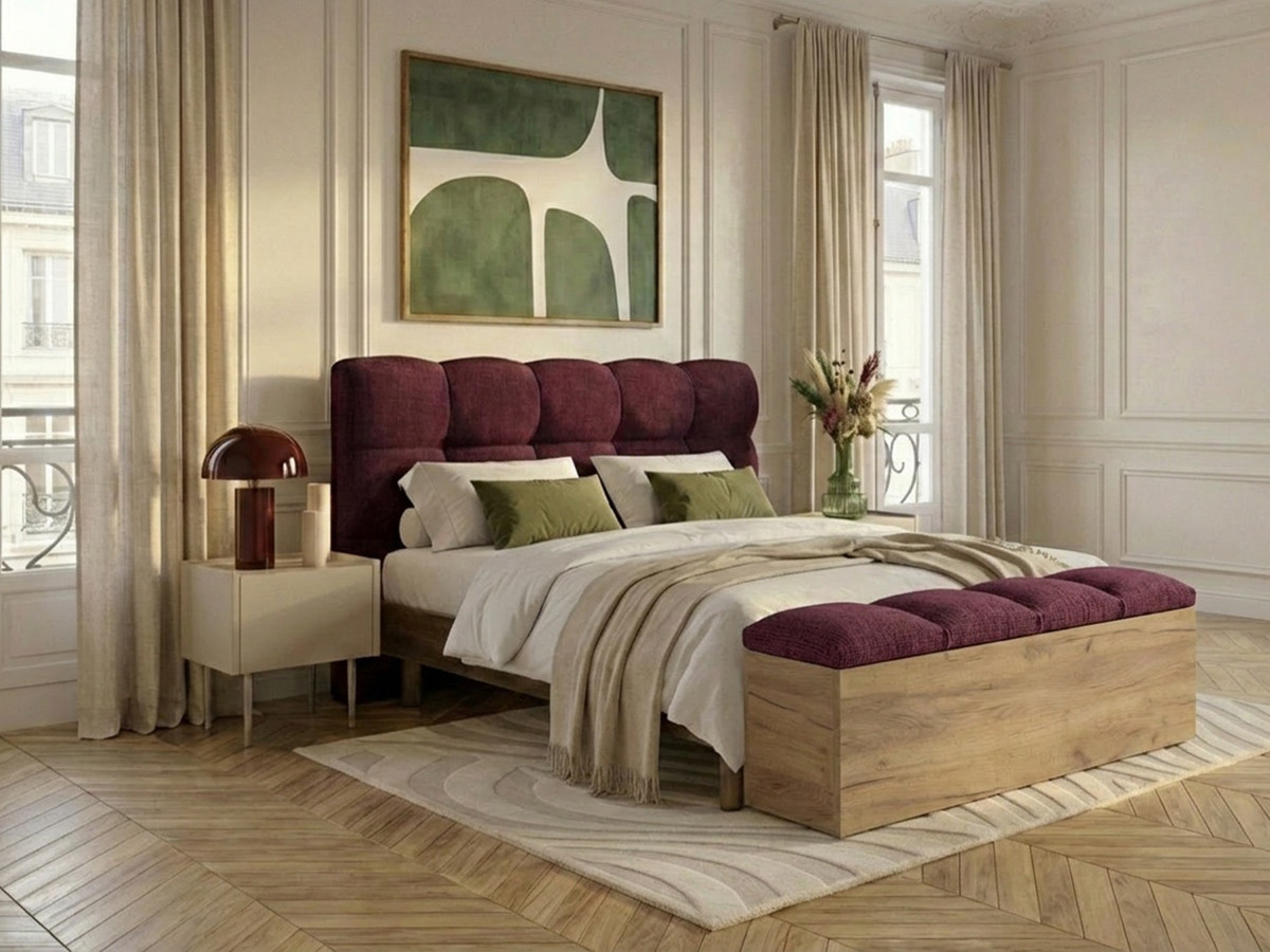 Lit KUMO tissu texturé lattes massives pieds en bois naturel + Bout de lit KUMO tissu texturé