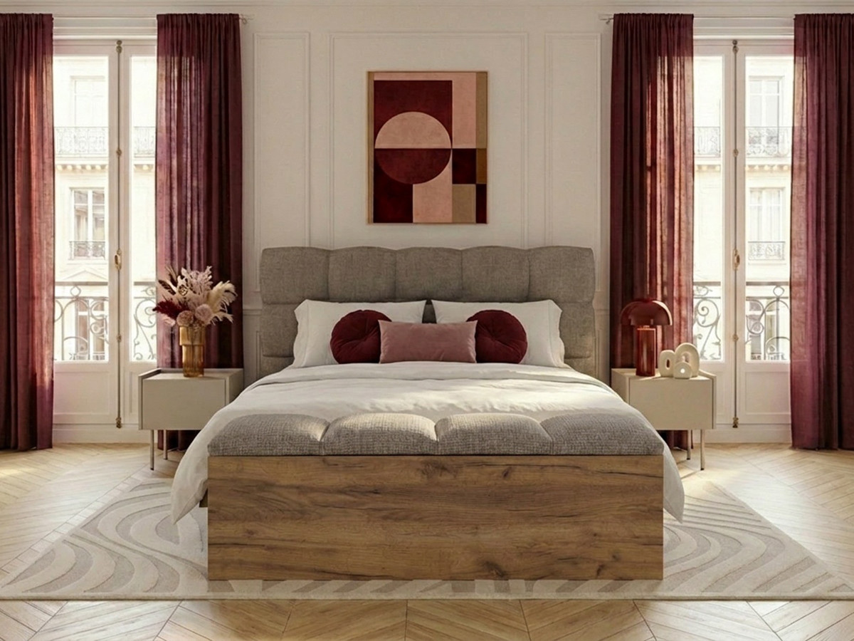 Lit KUMO texturé lattes massives pieds en bois naturel + Bout de lit KUMO texturé taupe