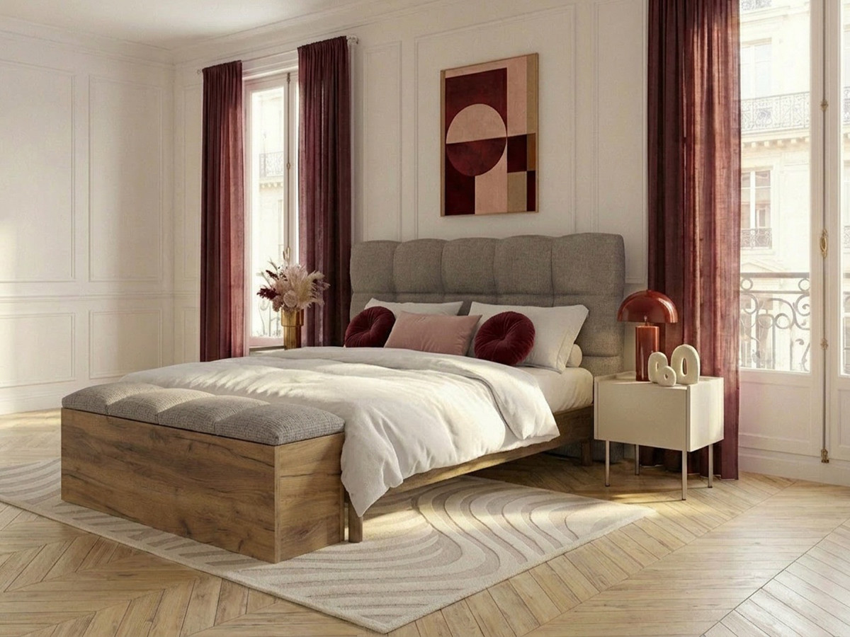 Lit KUMO tissu texturé lattes massives pieds en bois naturel + Bout de lit KUMO tissu texturé