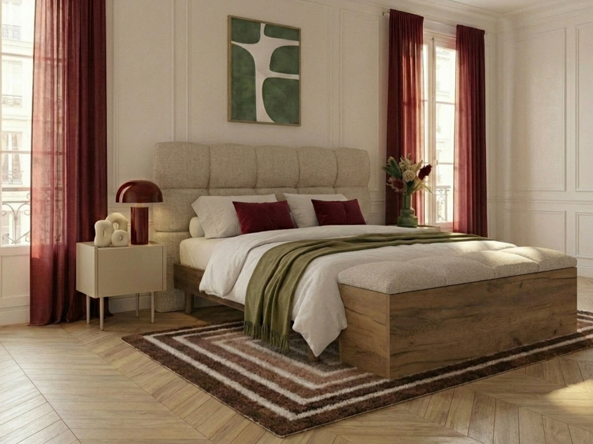 Lit KUMO texturé lattes massives pieds en bois naturel + Bout de lit KUMO texturé beige — vue 5