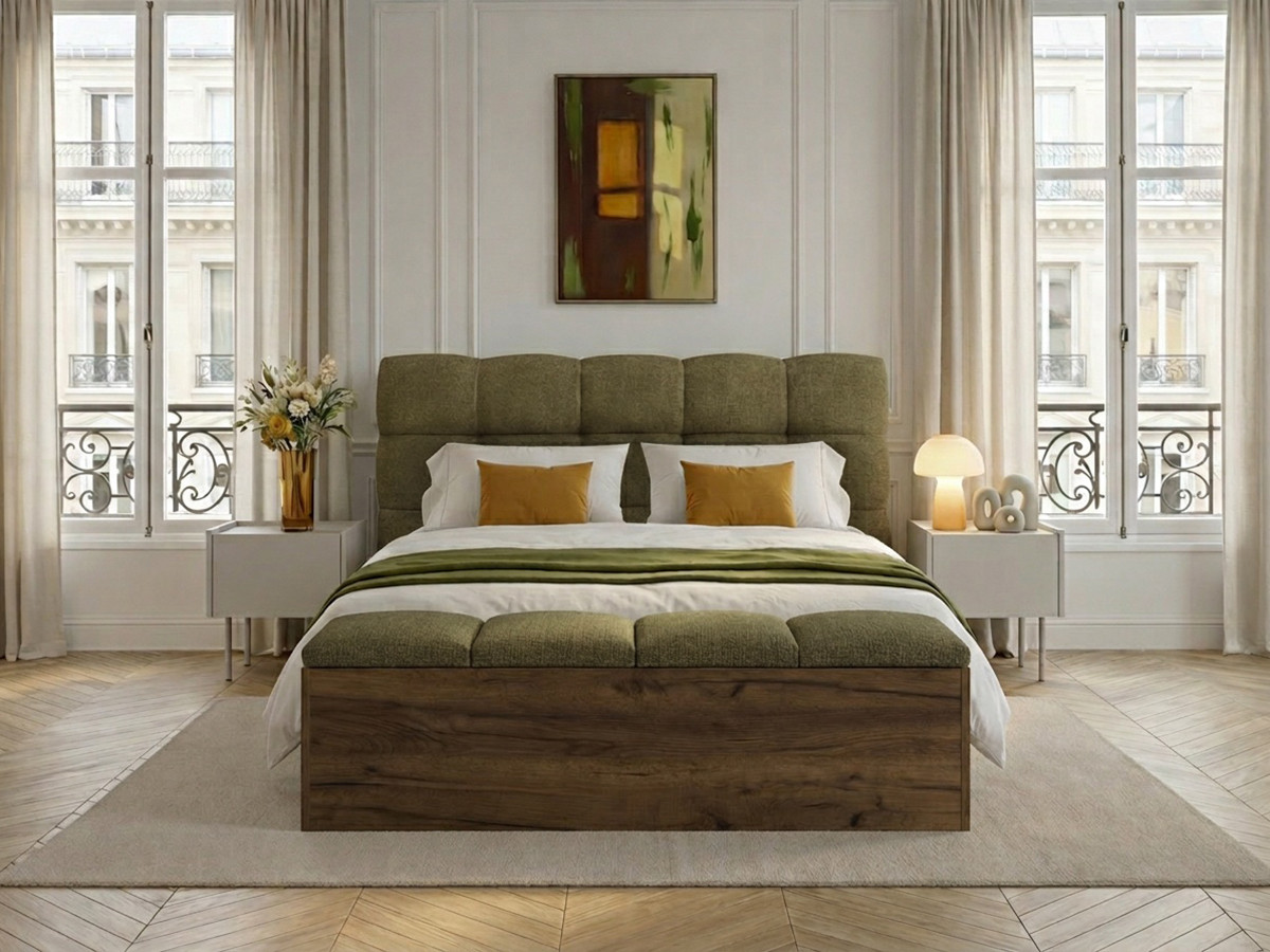 Lit KUMO texturé lattes massives pieds en bois naturel + Bout de lit KUMO texturé vert