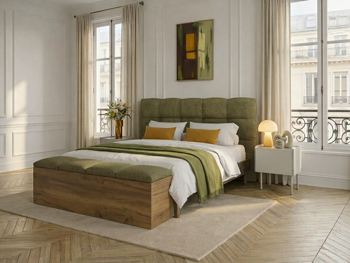 Lit KUMO tissu texturé lattes massives pieds en bois naturel + Bout de lit KUMO tissu texturé