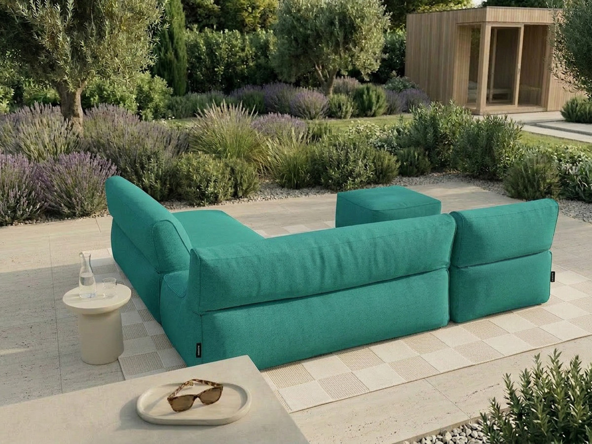 Modulaire tuinbank RIVIERA met 1 eenpersoonsfauteuil, 1 tweepersoonsfauteuil, 1 chaise longue en 1 poef