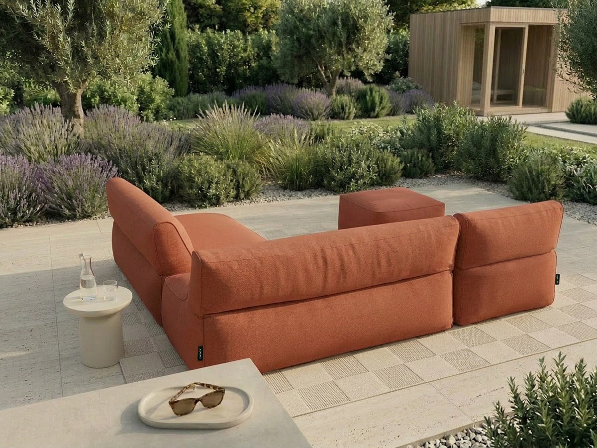 Modulaire tuinbank RIVIERA met 1 eenpersoonsfauteuil, 1 tweepersoonsfauteuil, 1 chaise longue en 1 poef