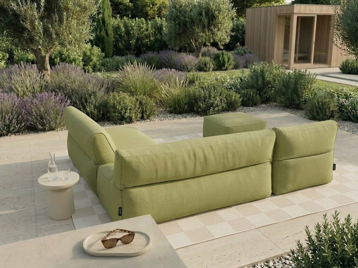 Modulaire tuinbank RIVIERA met 1 eenpersoonsfauteuil, 1 tweepersoonsfauteuil, 1 chaise longue en 1 poef