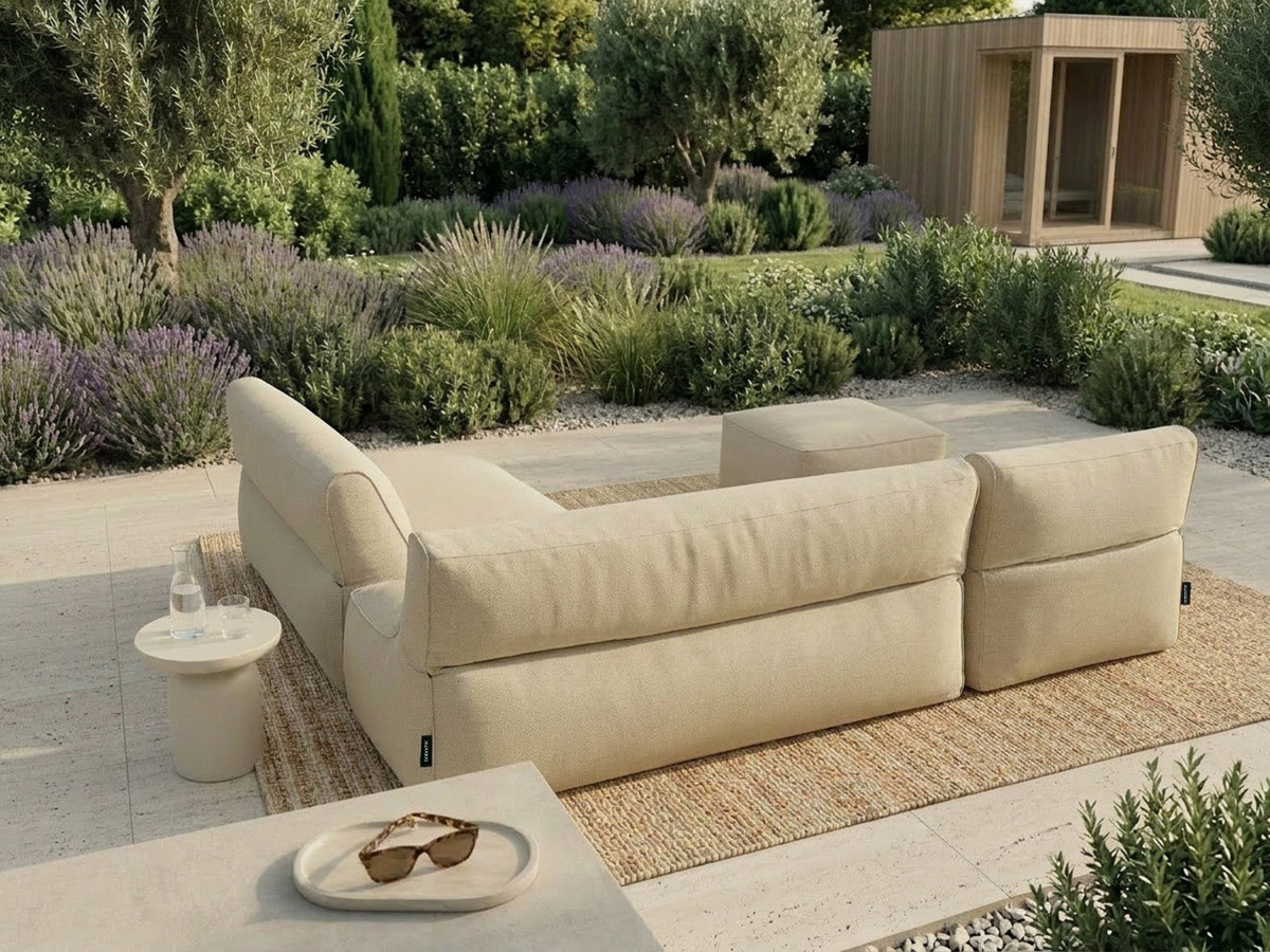 Modulaire tuinbank RIVIERA met 1 eenpersoonsfauteuil, 1 tweepersoonsfauteuil, 1 chaise longue en 1 poef