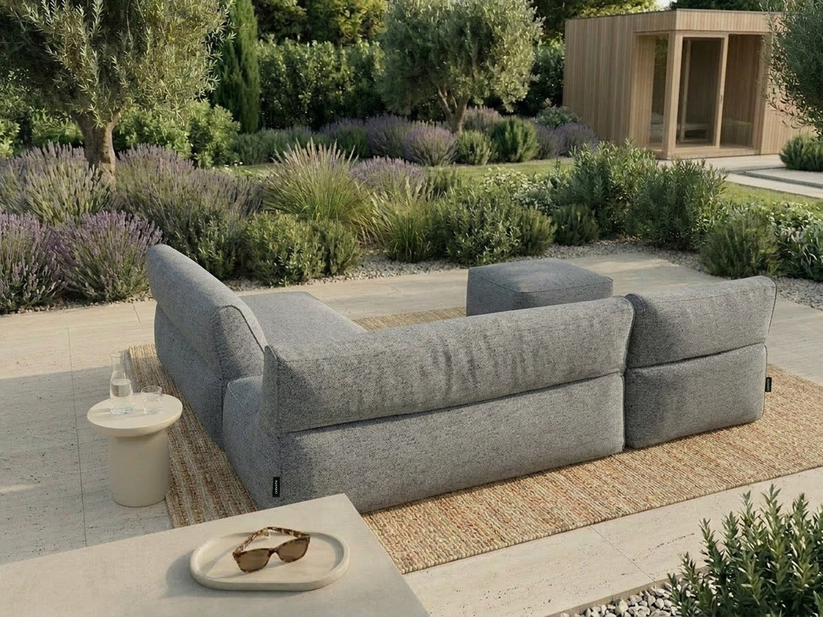 Modulaire tuinbank RIVIERA met 1 eenpersoonsfauteuil, 1 tweepersoonsfauteuil, 1 chaise longue en 1 poef