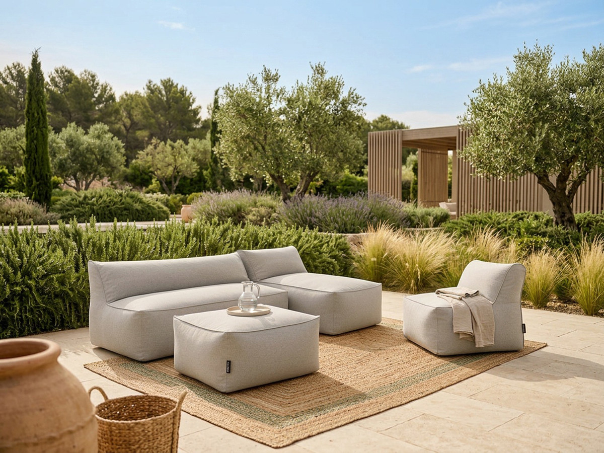 Modulaire tuinbank RIVIERA met 1 eenpersoonsfauteuil, 1 tweepersoonsfauteuil, 1 chaise longue en 1 poef