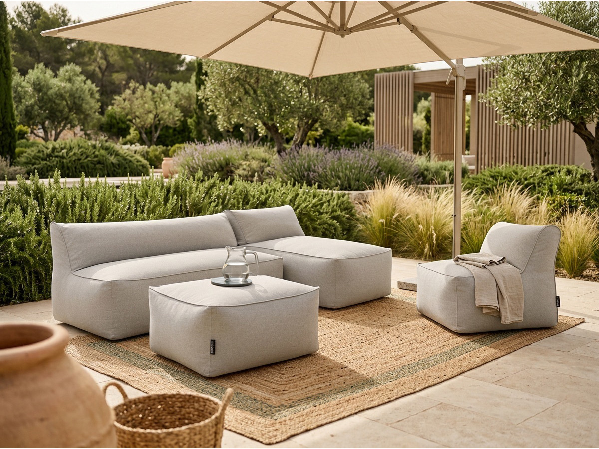 Modulaire tuinbank RIVIERA met 1 eenpersoonsfauteuil, 1 tweepersoonsfauteuil, 1 chaise longue en 1 poef