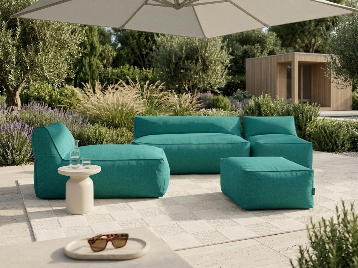 Modulaire tuinbank RIVIERA met 1 eenpersoonsfauteuil, 1 tweepersoonsfauteuil, 1 chaise longue en 1 poef