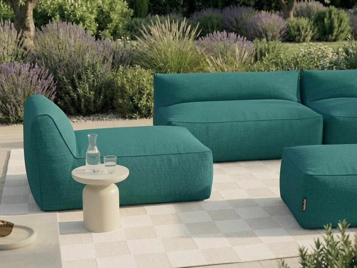 Modulaire tuinbank RIVIERA met 1 eenpersoonsfauteuil, 1 tweepersoonsfauteuil, 1 chaise longue en 1 poef