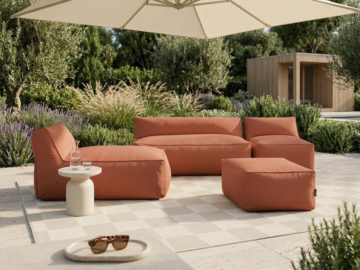 Modulaire tuinbank RIVIERA met 1 eenpersoonsfauteuil, 1 tweepersoonsfauteuil, 1 chaise longue en 1 poef