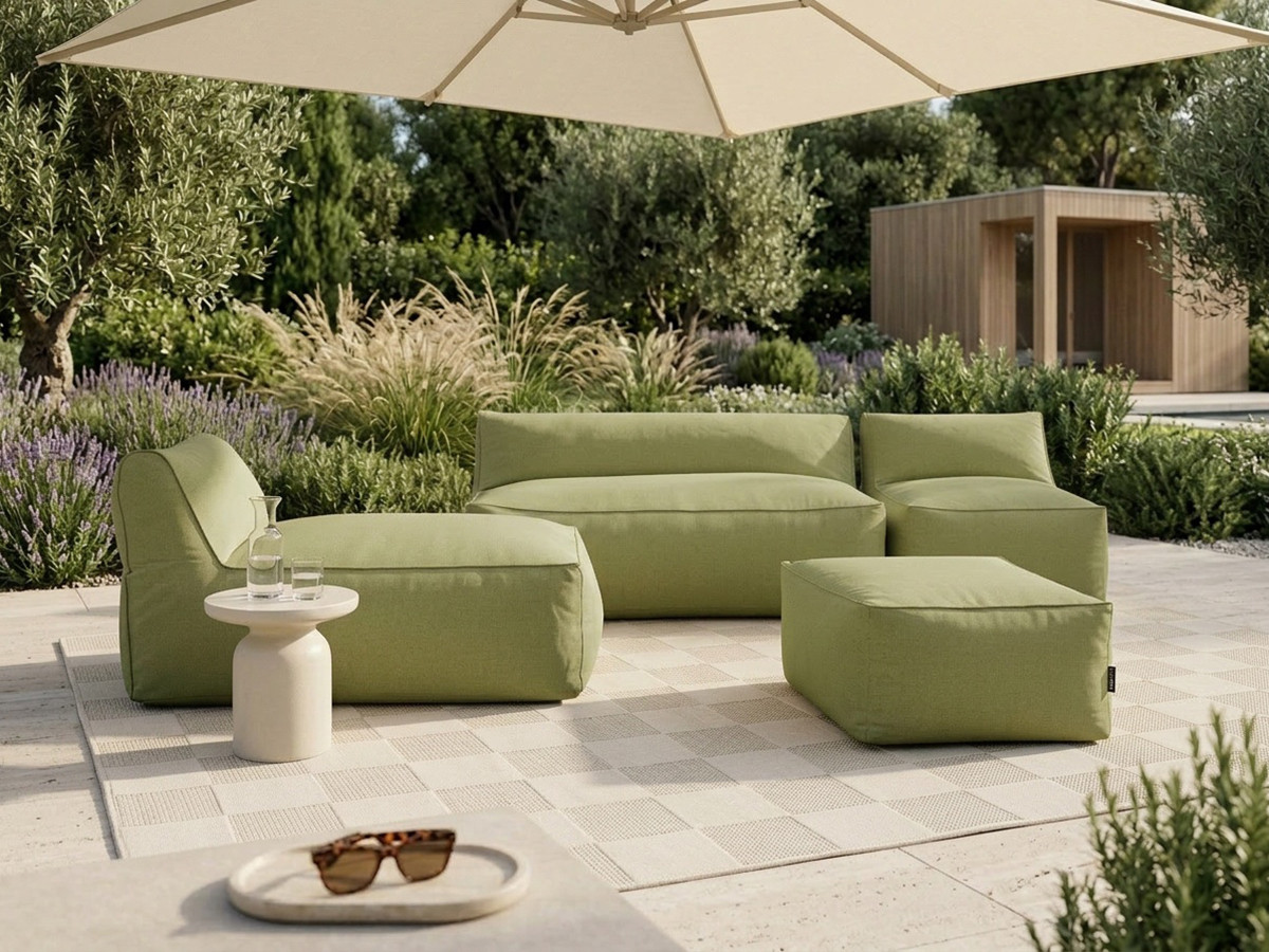 Modulaire tuinbank RIVIERA met 1 eenpersoonsfauteuil, 1 tweepersoonsfauteuil, 1 chaise longue en 1 poef