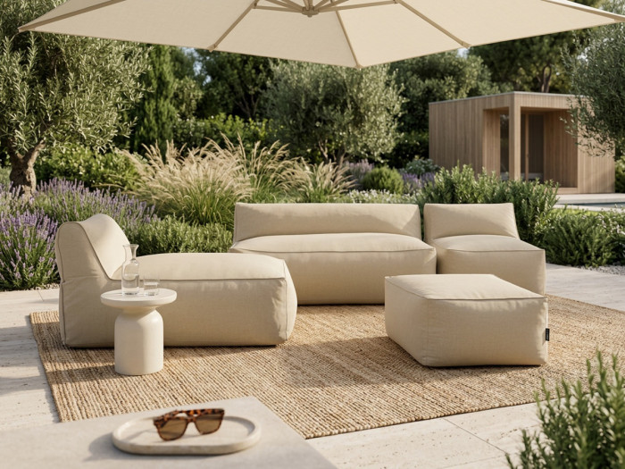 Canapé de jardin modulable RIVIERA avec 1 chauffeuse 1 place, 1 chauffeuse 2 places, 1 méridienne et 1 pouf