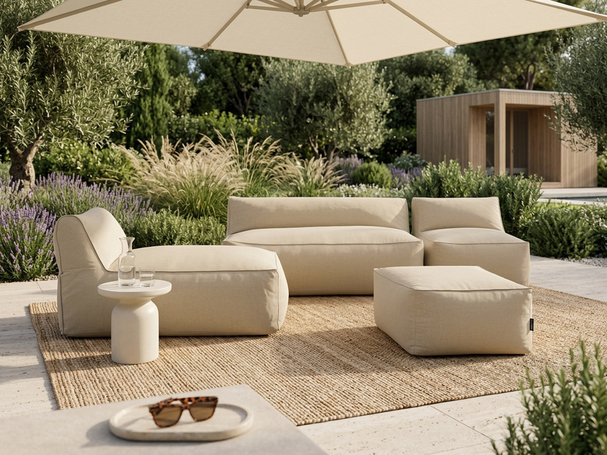 Canapé de jardin modulable RIVIERA avec 1 chauffeuse 1 place, 1 chauffeuse 2 places, 1 méridienne et 1 pouf
