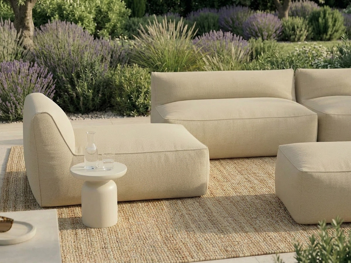 Modulaire tuinbank RIVIERA met 1 eenpersoonsfauteuil, 1 tweepersoonsfauteuil, 1 chaise longue en 1 poef