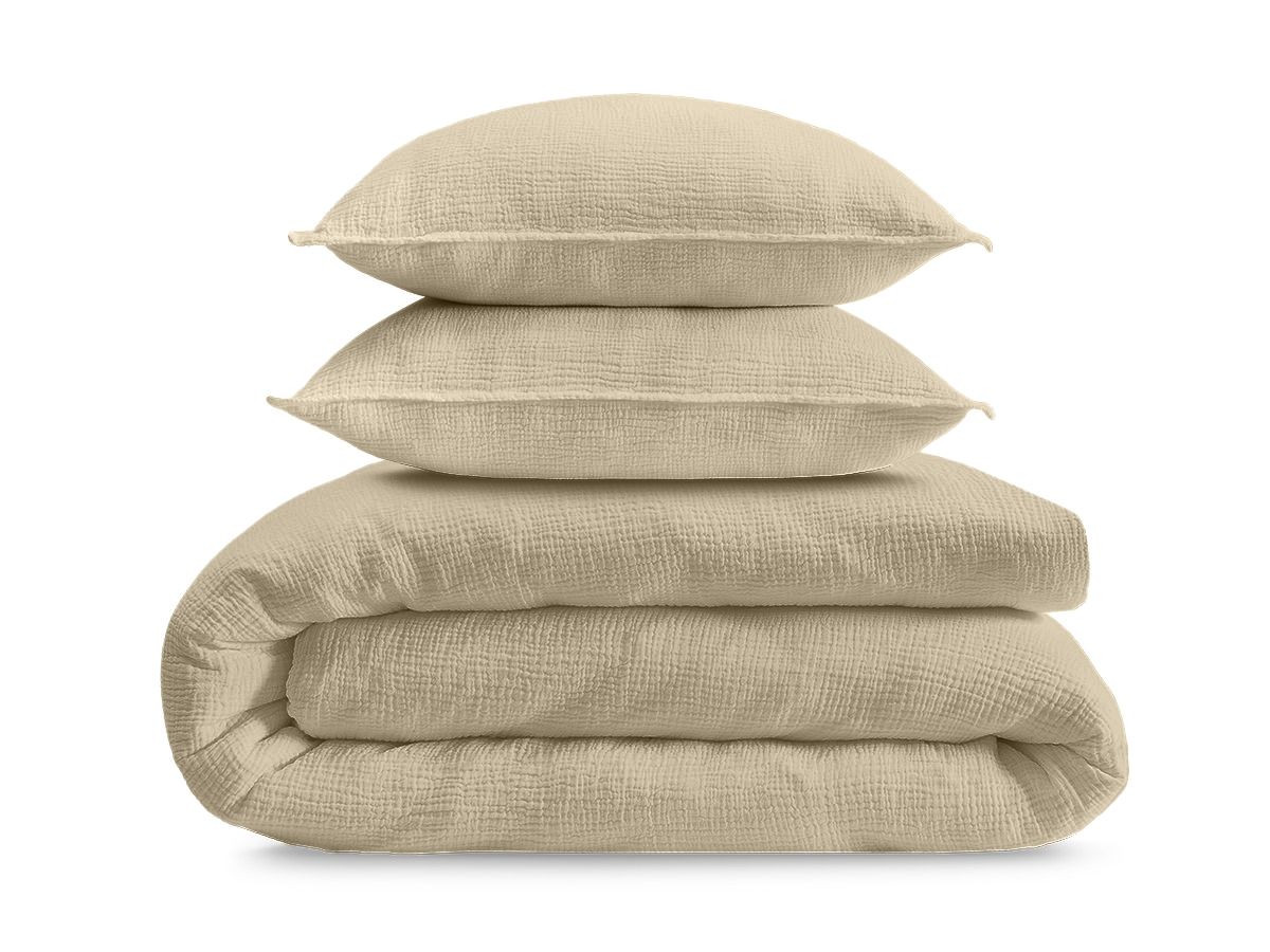 Parure de lit adulte en Gaze de coton HESTIA avec une housse de couette, taies d'oreiller beige