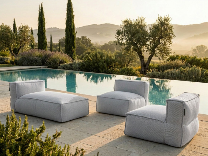 Canapé de jardin modulable BIARRITZ avec bâche de protection, 2 chauffeuses 1 place et 1 méridienne