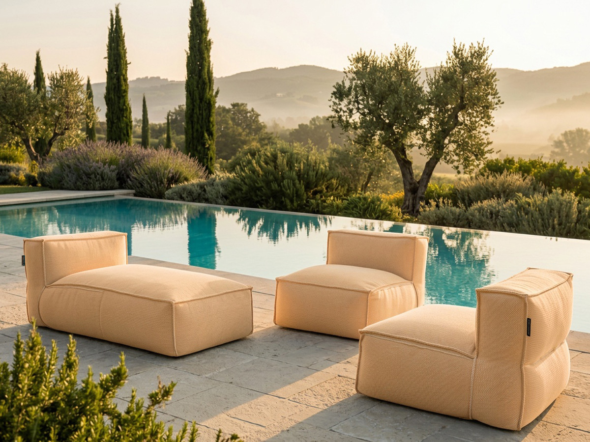 Canapé de jardin modulable BIARRITZ avec bâche de protection, 2 chauffeuses 1 place et 1 méridienne